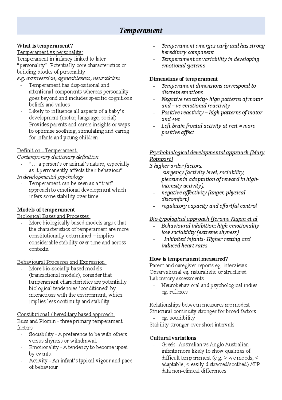 Temperament Notes & Summary Temperament What is temperament