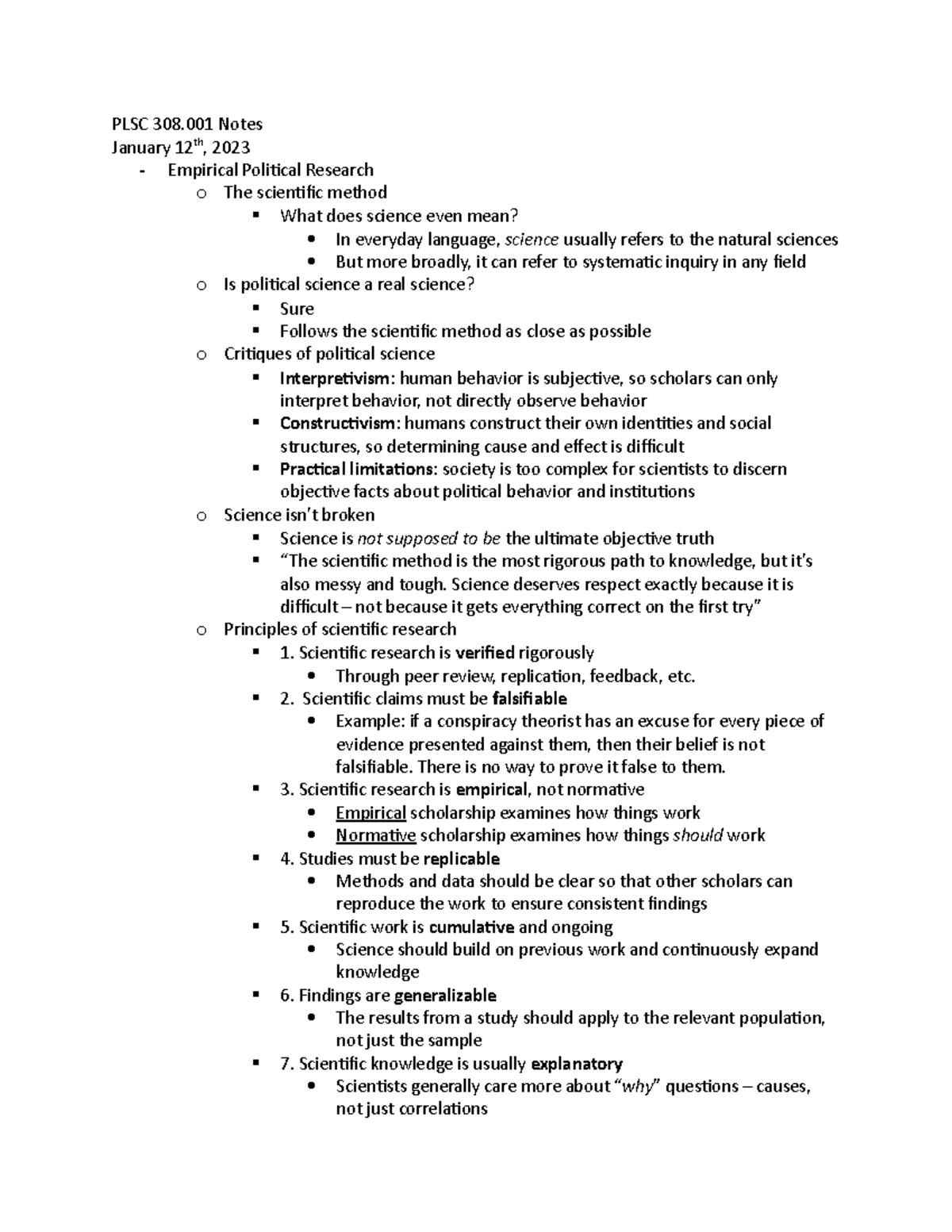 PLSC 308.001 Notes - PLSC 308 Notes January 12th, 2023 - Empirical ...