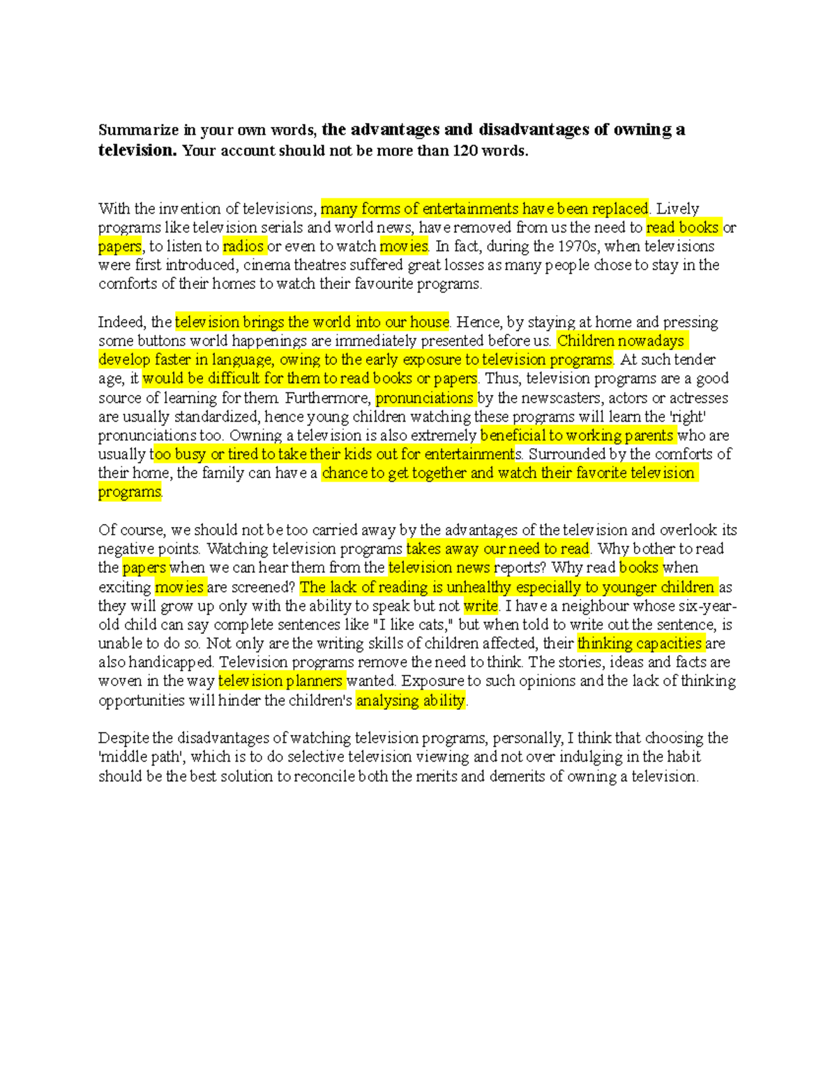 Summary 4 television1 Summarize in your own words, the advantages