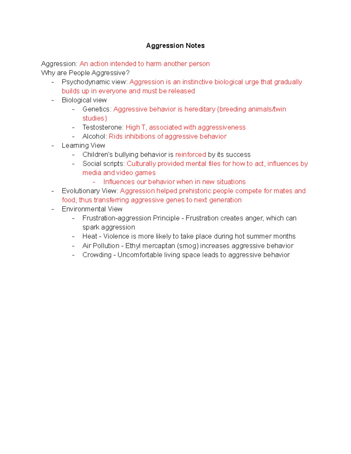 General Psychology - Aggression Notes - Aggression Notes Aggression:An ...