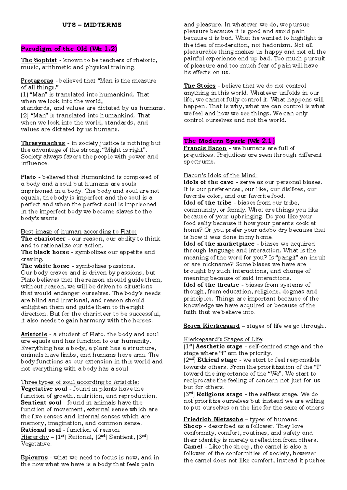 UTS SUMMARY L:1.2-7.1 - UTS – MIDTERMS Paradigm of the Old (Wk 1) The ...