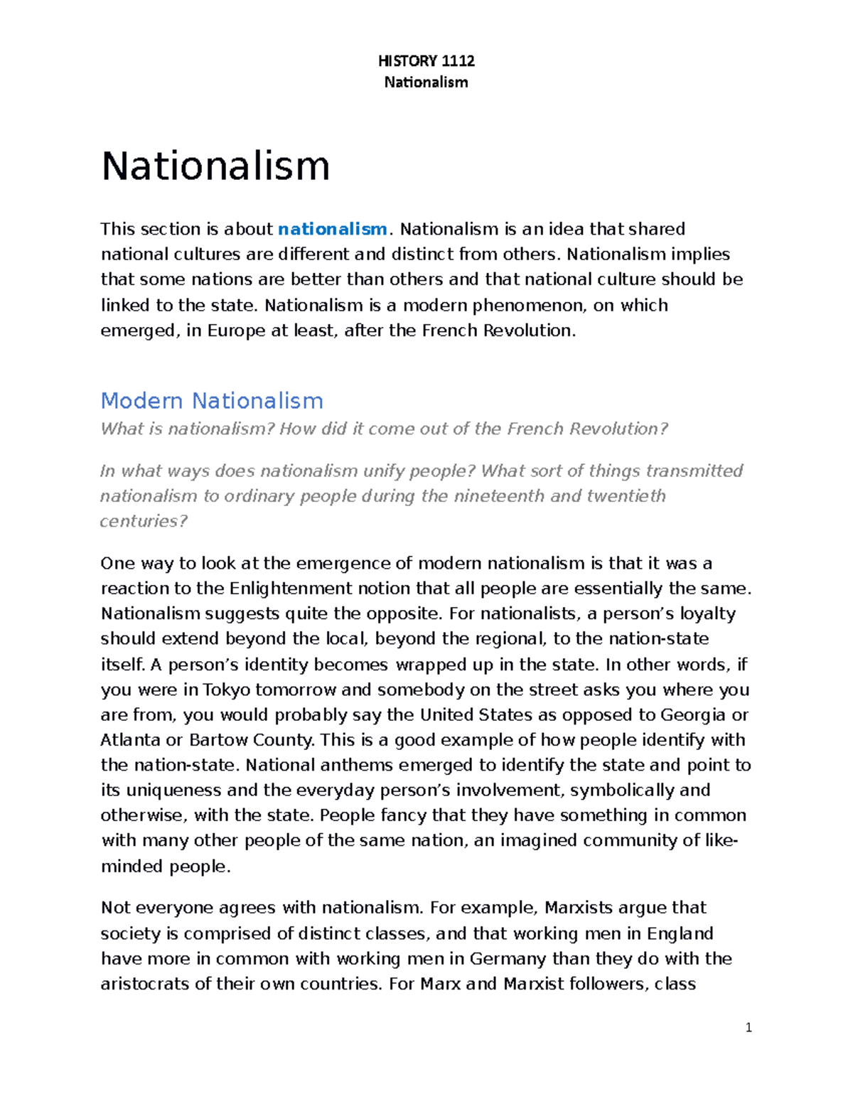 HIST 1112 - Nationalism - Nationalism Nationalism This section is about ...