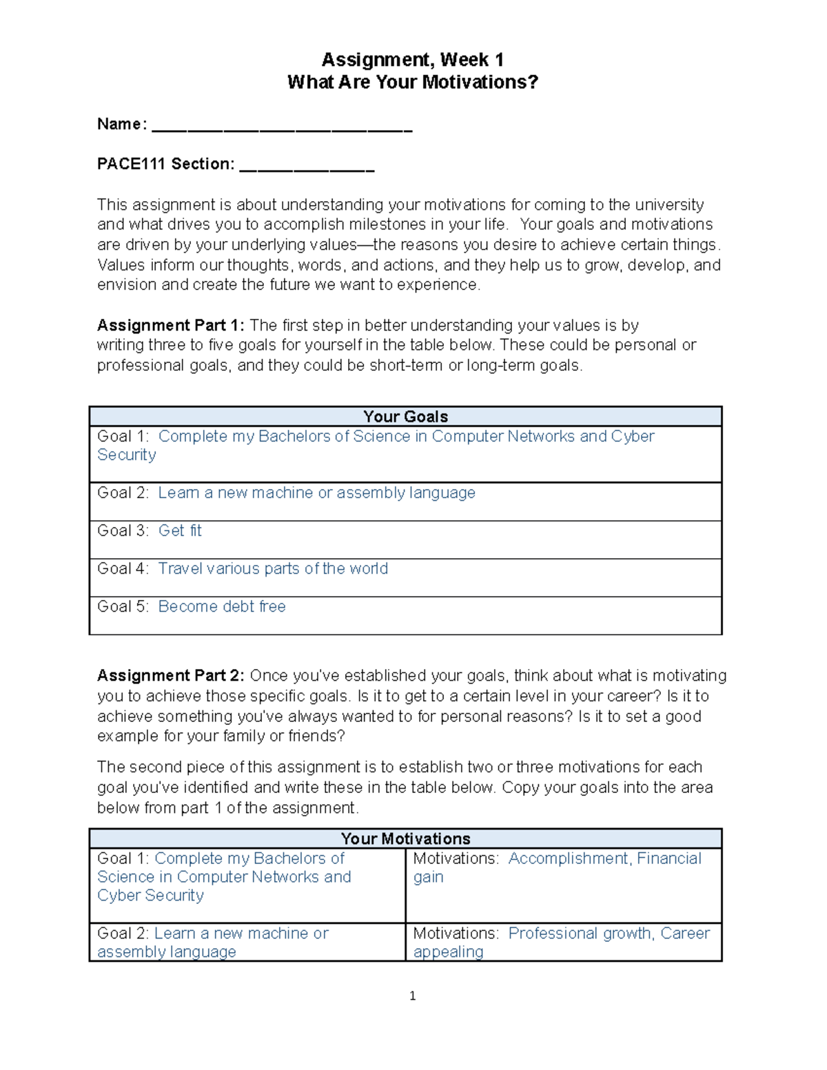 week 1 assignment uma