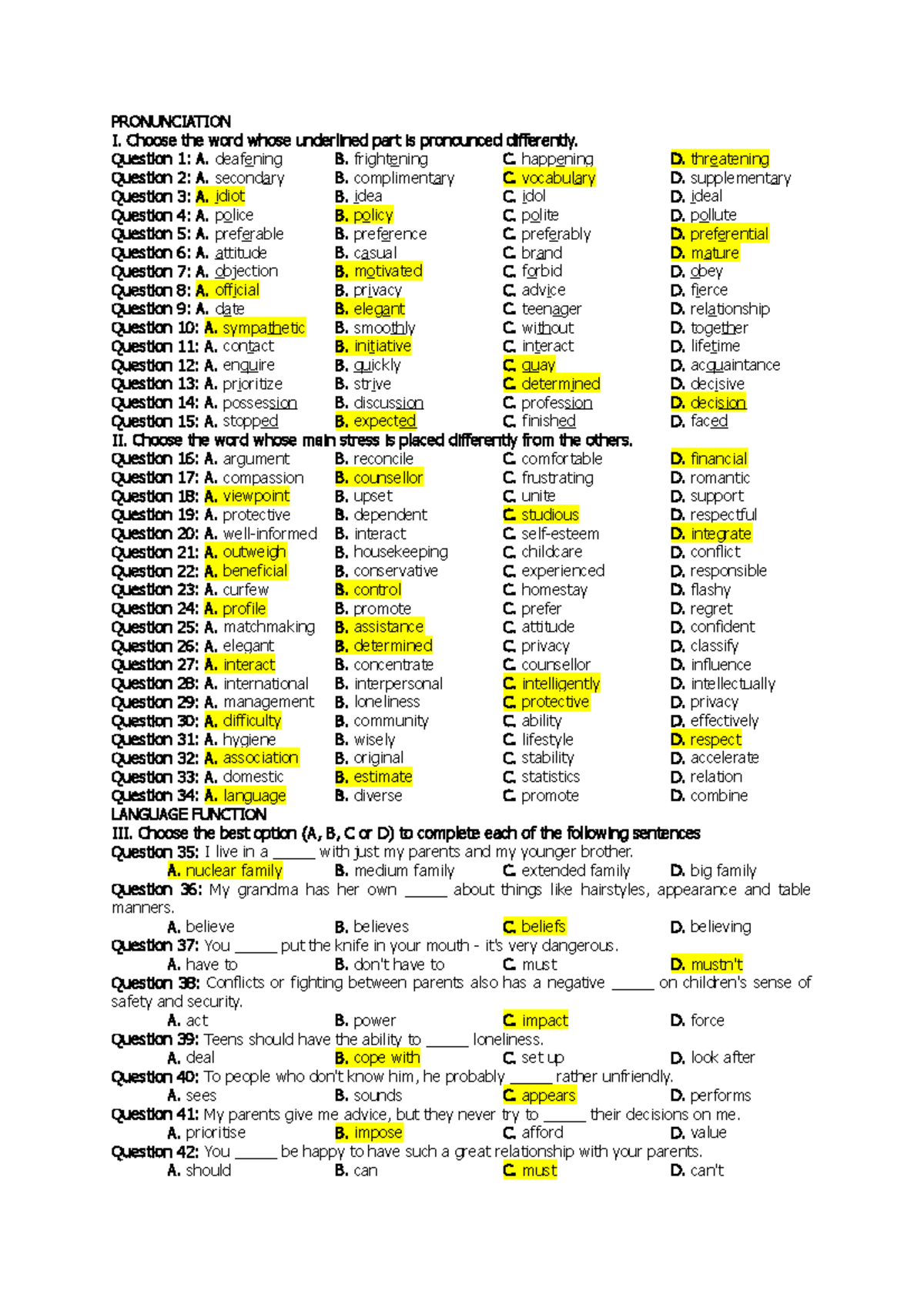 Ocr 16 - English Grammar - PRONUNCIATION I. Choose The Word Whose ...