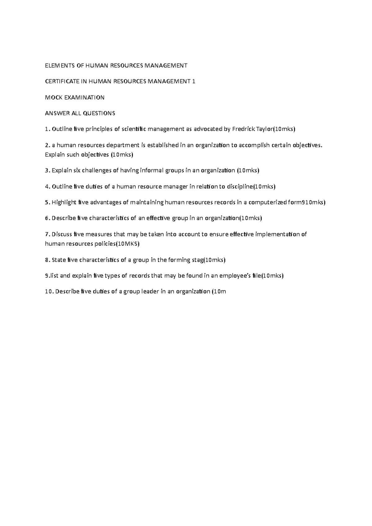 Elements of hrm ELEMENTS OF HUMAN RESOURCES MANAGEMENT CERTIFICATE IN