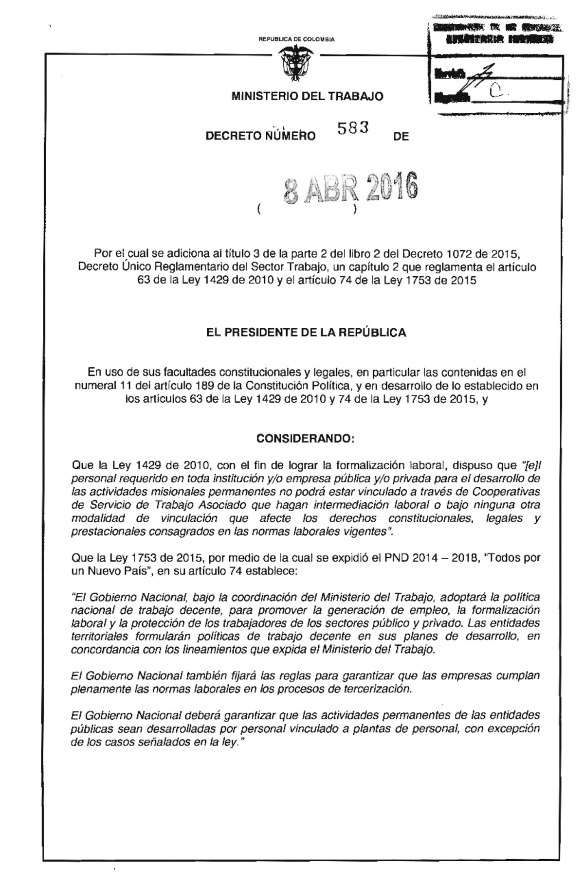 Decreto 583 DEL 08 DE Abril DE 2016 - ; **DI ** __L ••1IIIIIifIlf ...