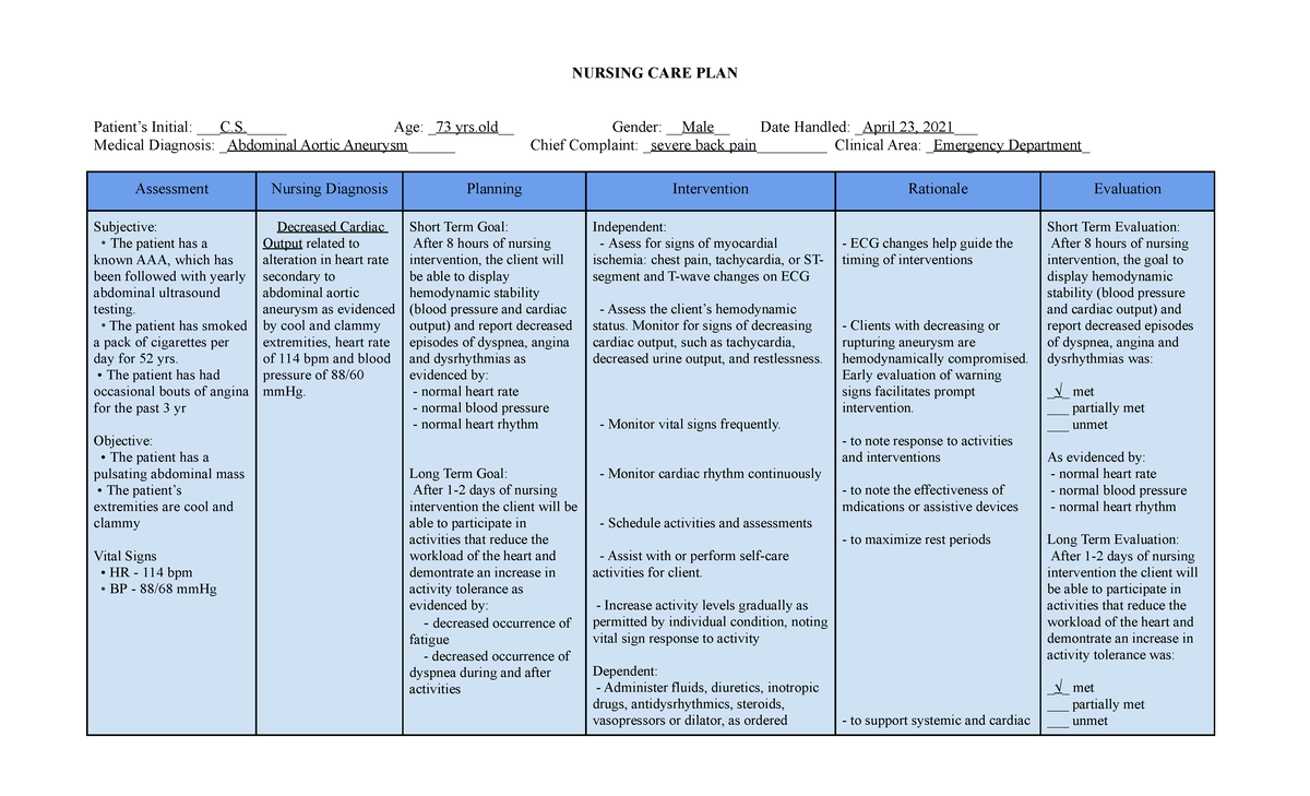 Healthcare Nursing Care Plan Patients Having Decreased Cardiac 