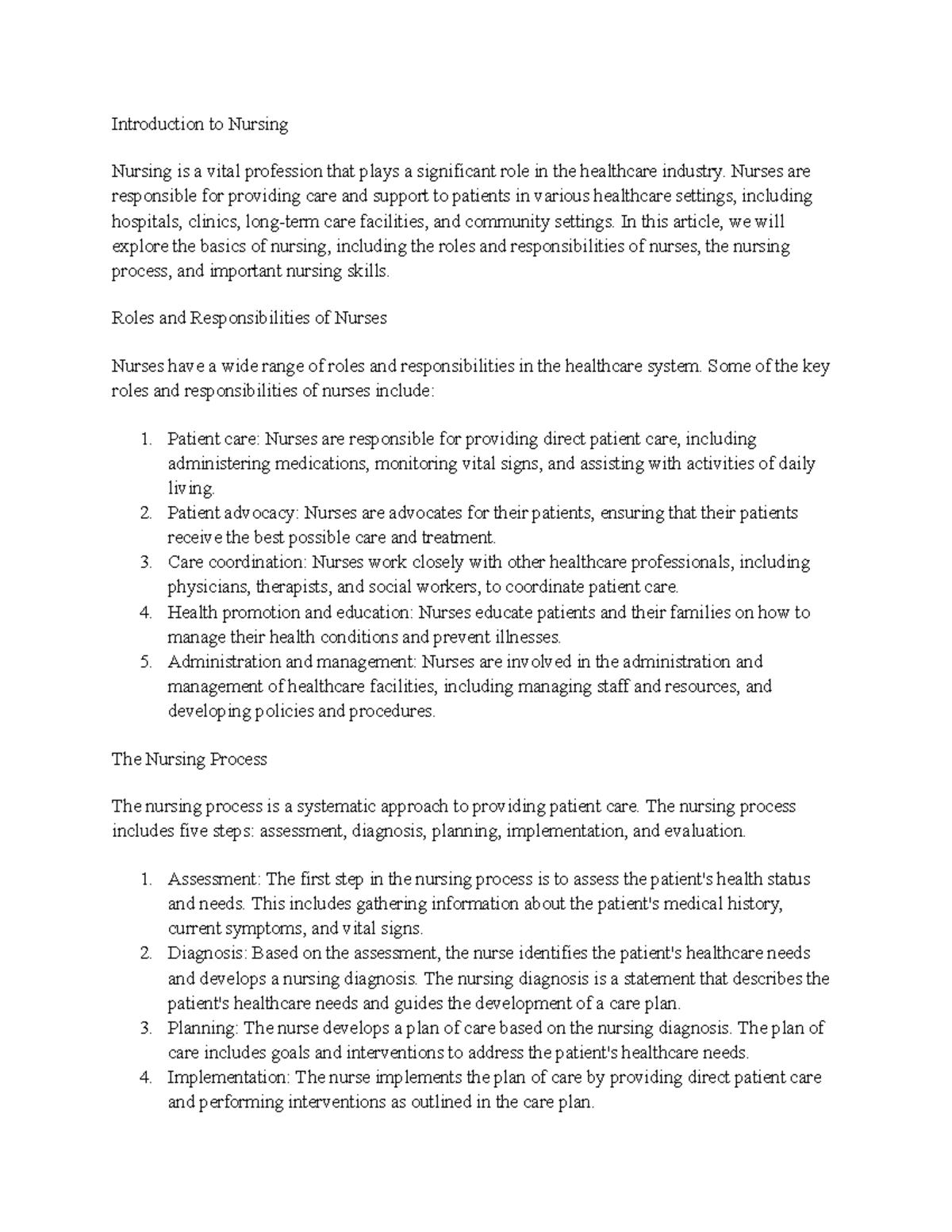 Intro to Nursing - lecture notes - Introduction to Nursing Nursing is a ...