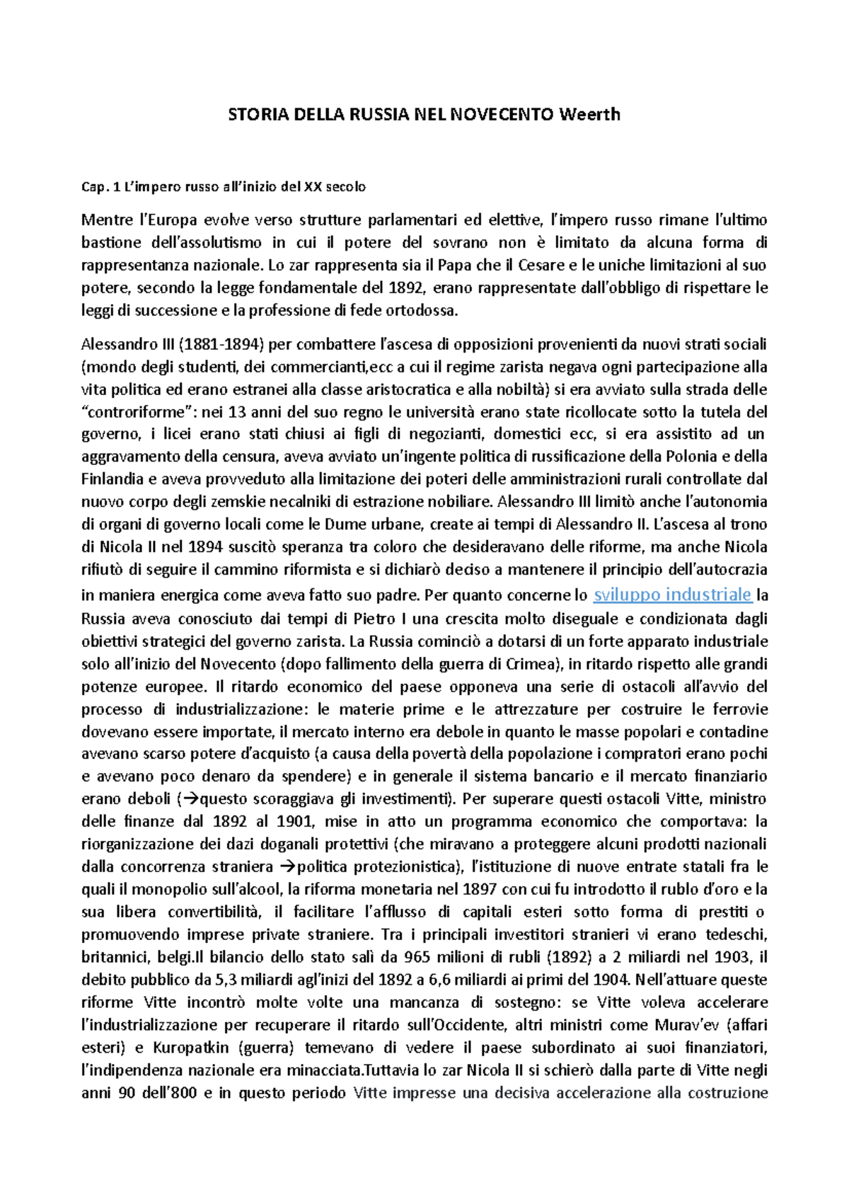 Storia della Russia nel Novecento Weerth RIASSUNTO CAP. I II STORIA