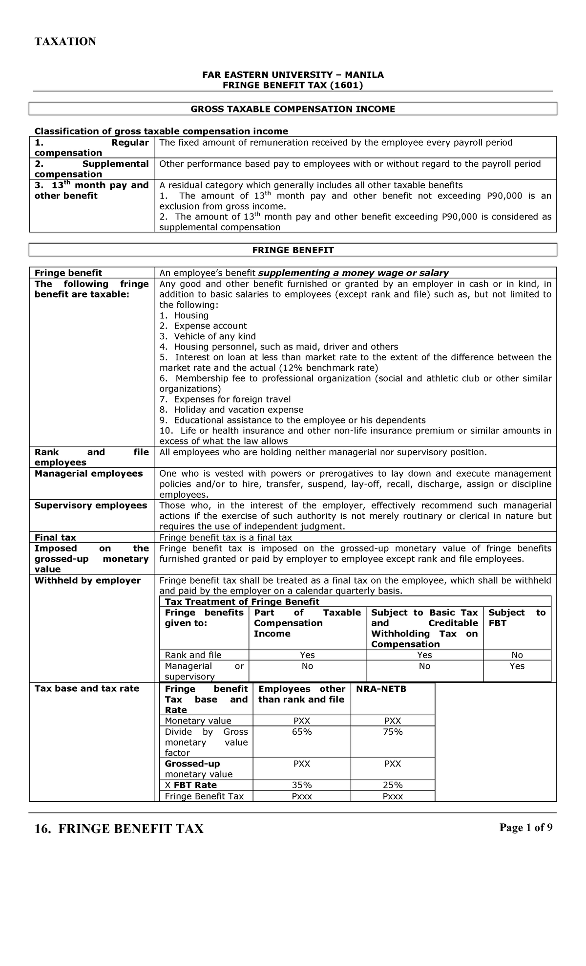 1601 Fringe Benefit Tax TAXATION FAR EASTERN UNIVERSITY MANILA