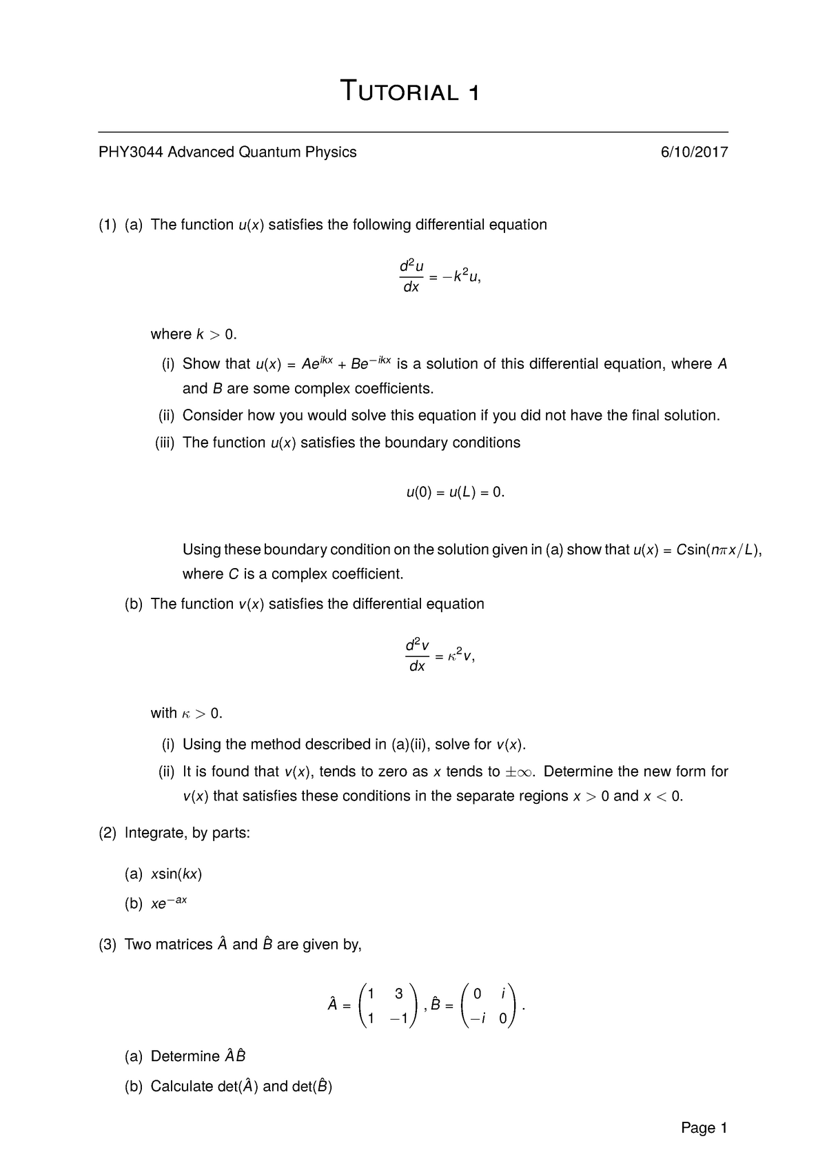 Quantum Physics Review Tutorial Q/A - Tutorial 1 PHY3044 Advanced ...