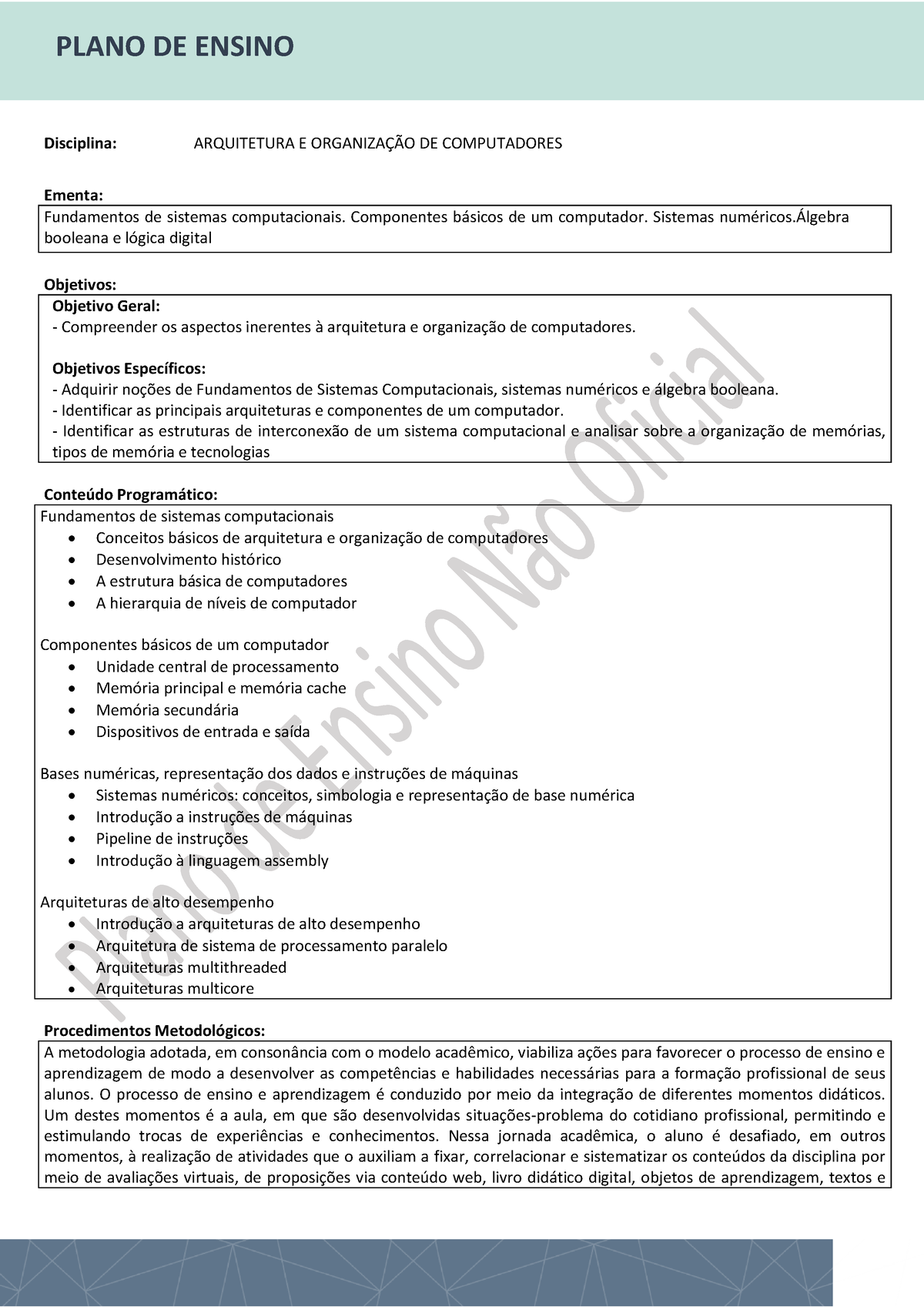 1671130842719 - PLANO DE ENSINO Disciplina: ARQUITETURA E ORGANIZAÇÃO ...