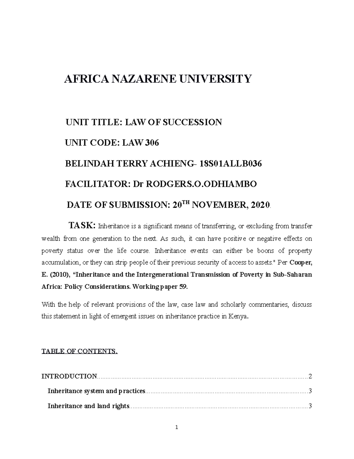 LAW OF Succession Project TERM Paper - AFRICA NAZARENE UNIVERSITY UNIT ...