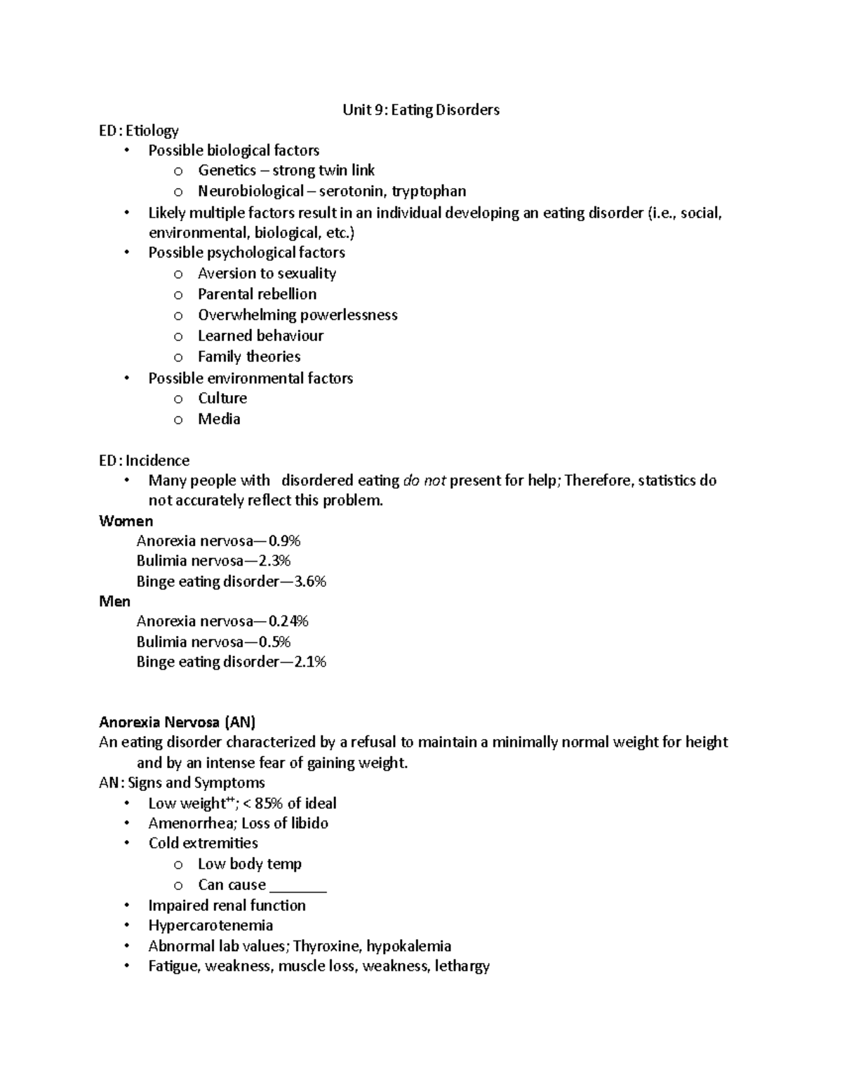 Unit 9 - Lecture notes 9 - Unit 9: Eating Disorders ED: Etiology ...