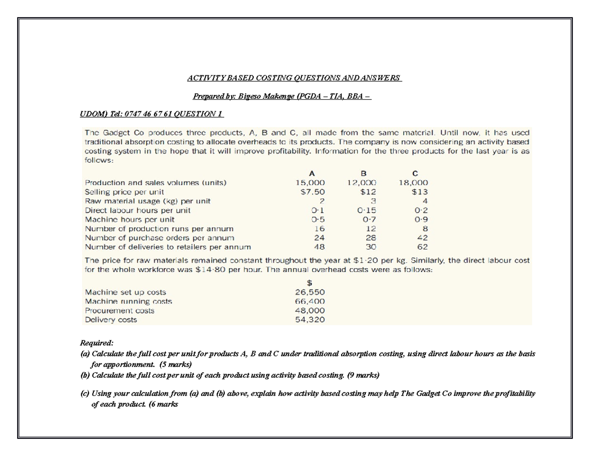 Activity based costing full qa - ACTIVITY BASED COSTING QUESTIONS AND ...