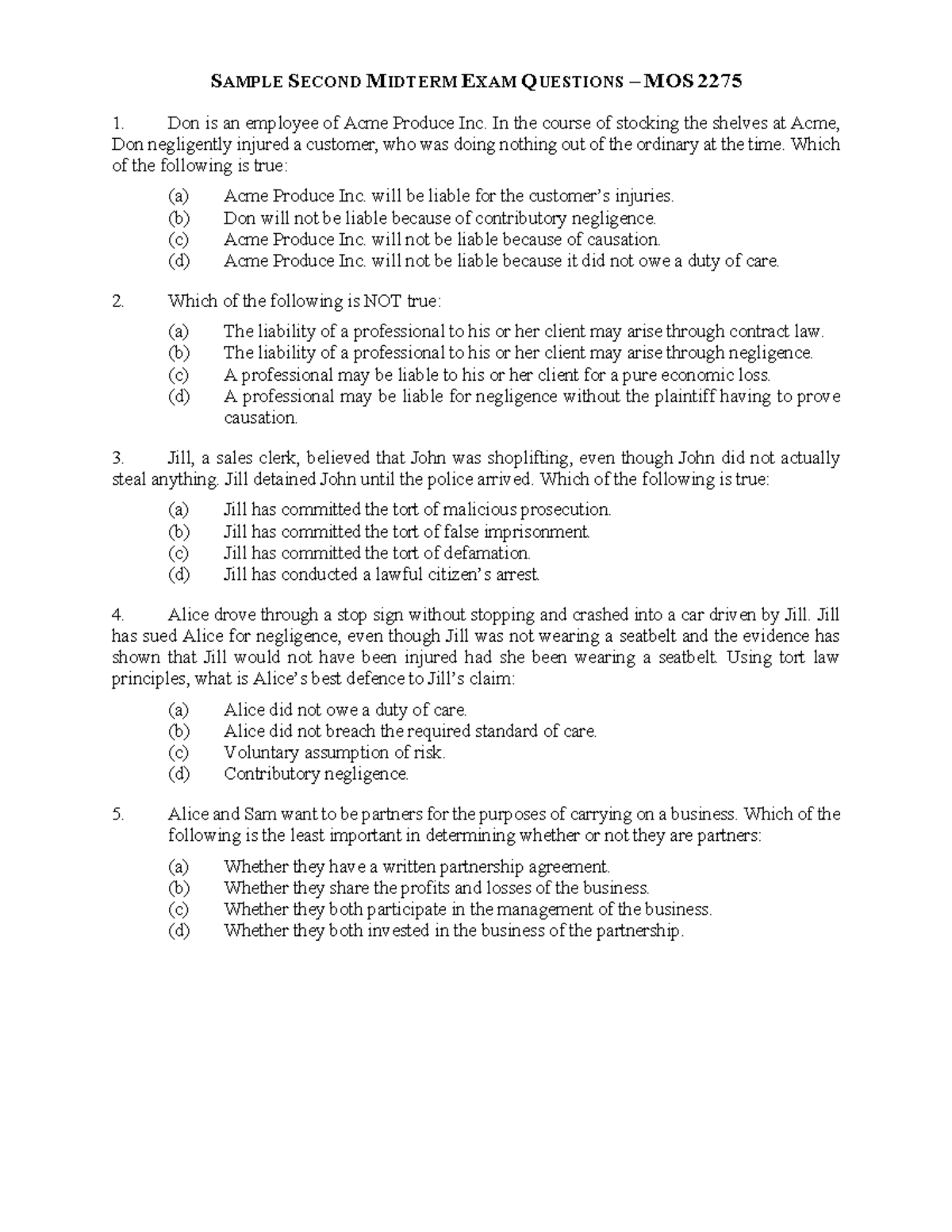 Sample Questions Second Midterm - S AMPLE S ECOND M IDTERM EXAM ...
