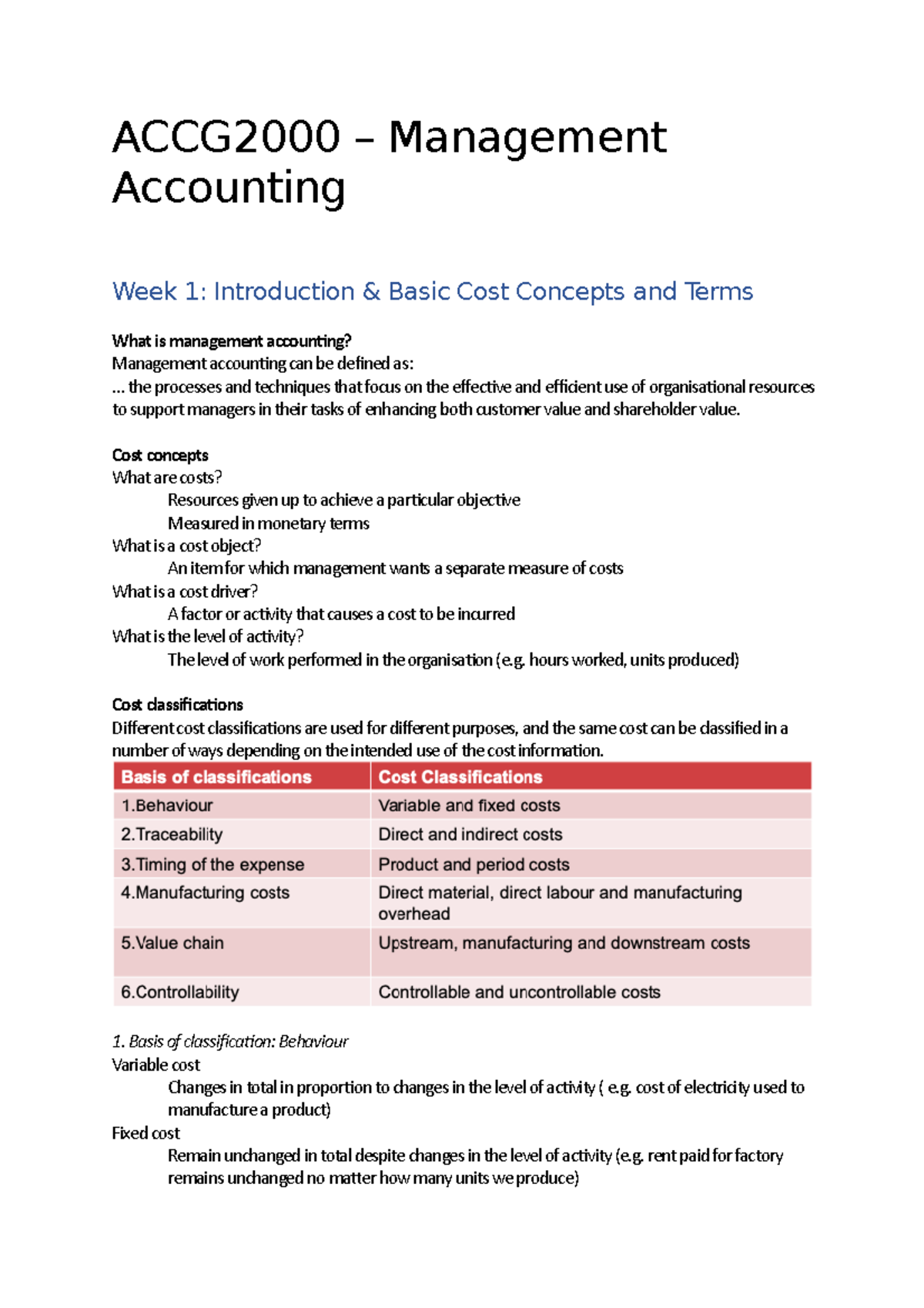 ACCG2000 - ACCG - ACCG2000 – Management Accounting Week 1: Introduction ...