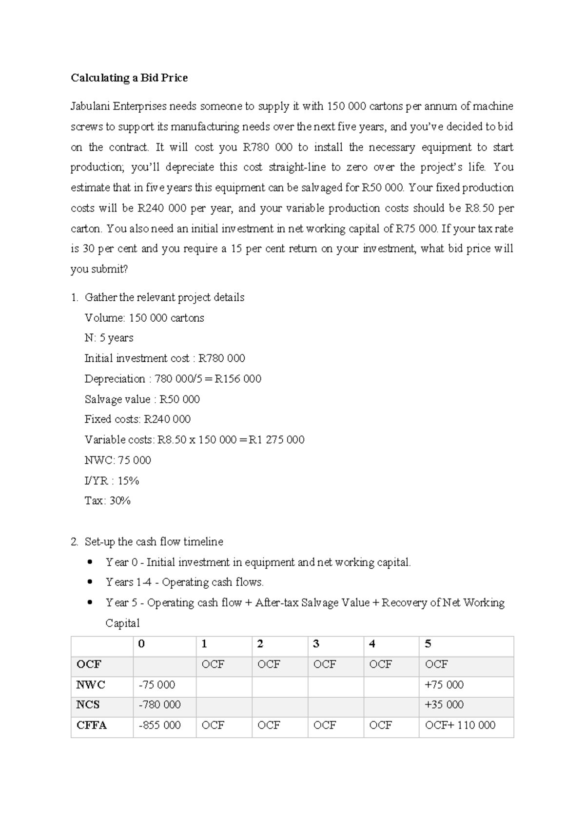 Capital budgeting revision - bid price - Calculating a Bid Price ...