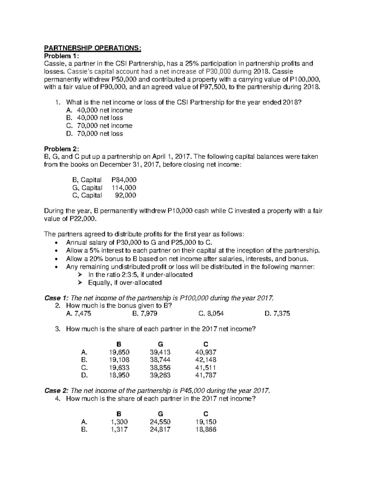 Partnership Operations Problems - PARTNERSHIP OPERATIONS: Problem 1 ...