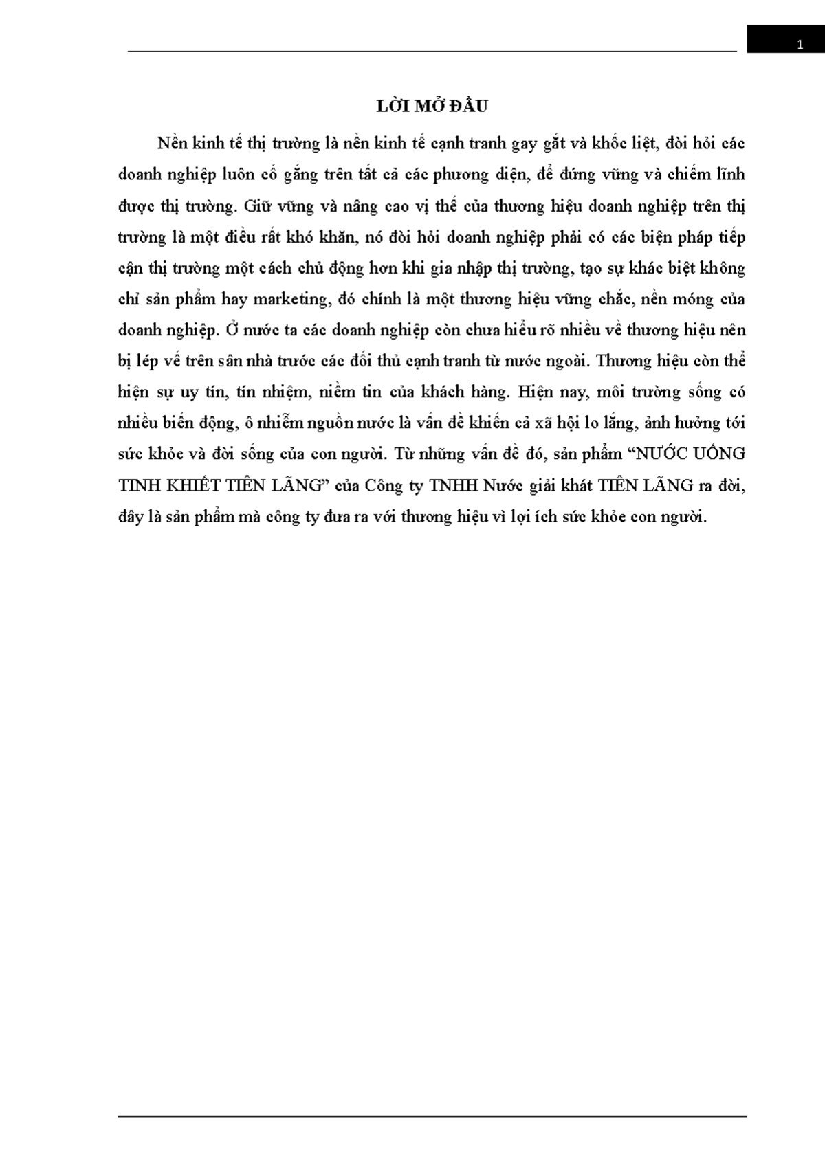 Qth65 - thương hiệu NƯỚC UỐNG TINH KHIẾT TIÊN LÃNG” của Công ty TNHH Nước giải khát - LỜI MỞ ĐẦU Nền - Studocu