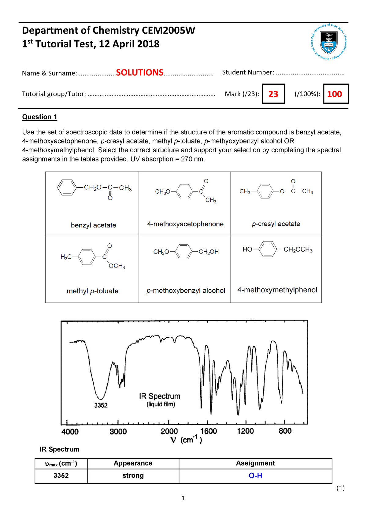 Test B 2018, Answers - Department Of Chemistry CEM2005W 1st Tutorial ...