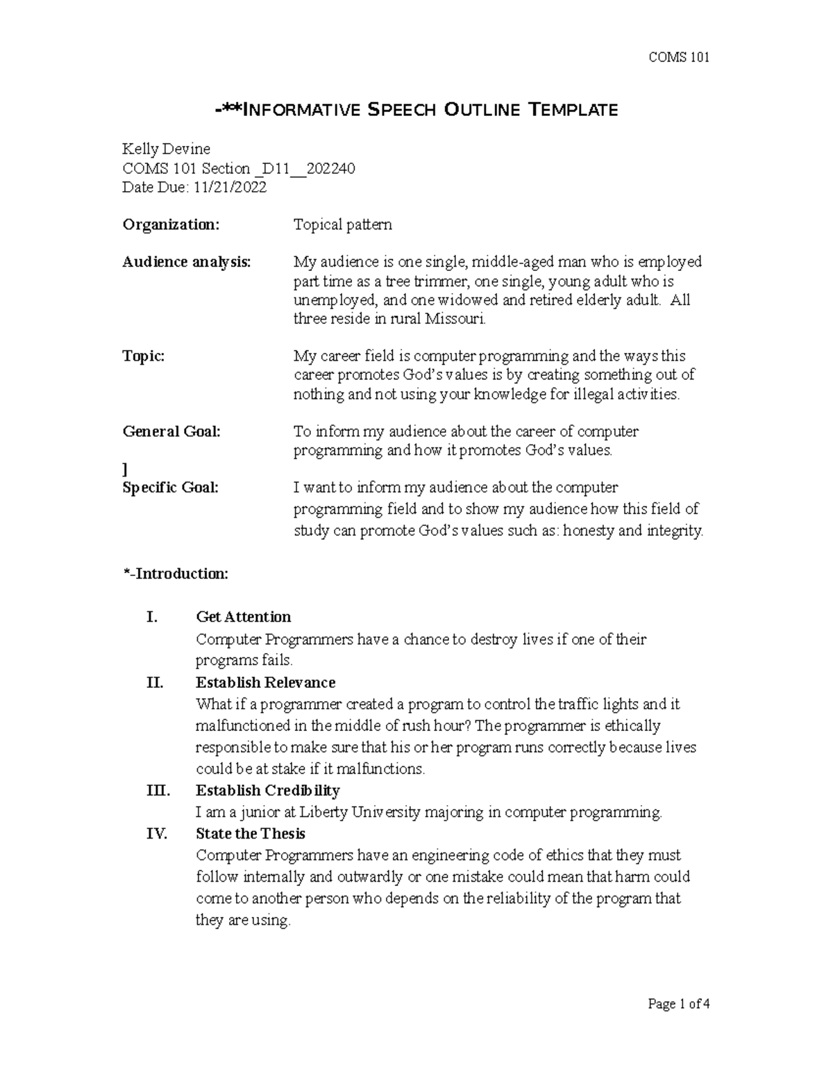 Informative Speech Outline Kelly Devine **INFORMATIVE SPEECH OUTLINE