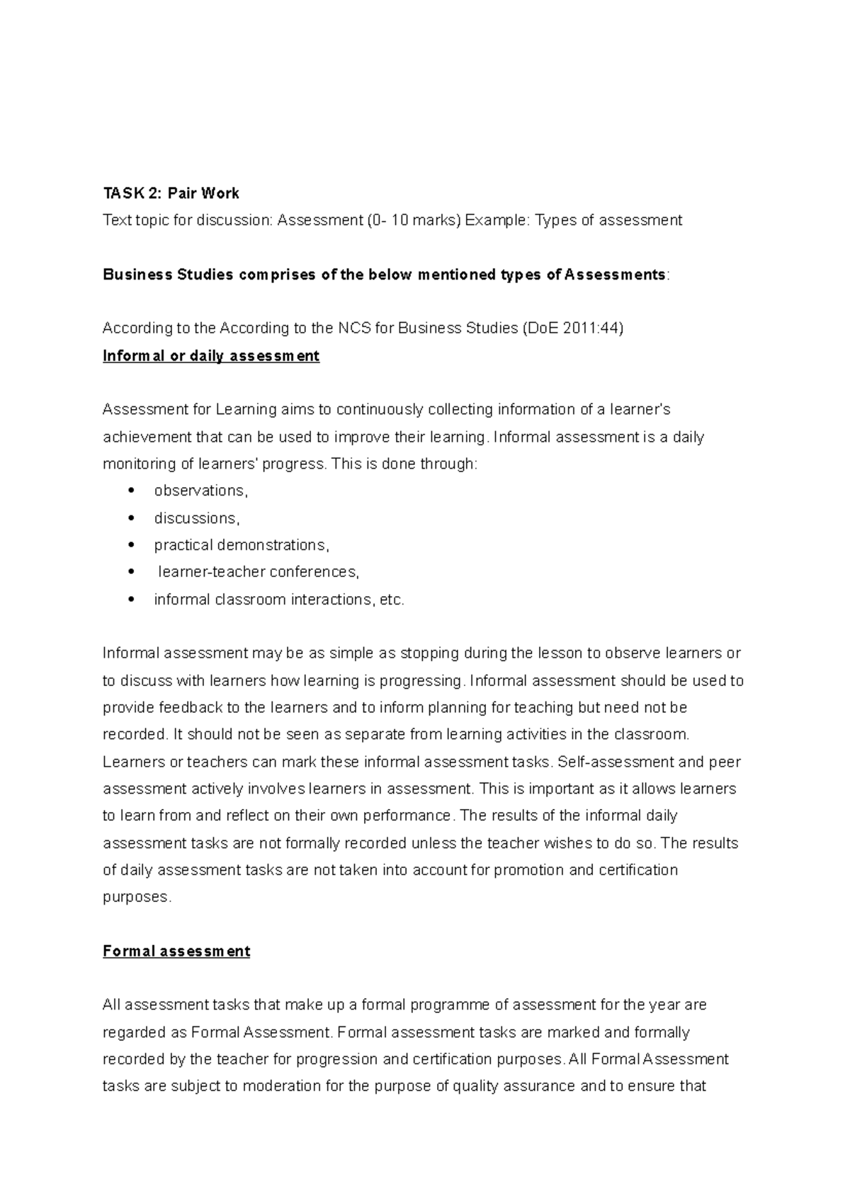 EDBU602 Business Studies PAIR WORK Written Document - TASK 2: Pair Work ...