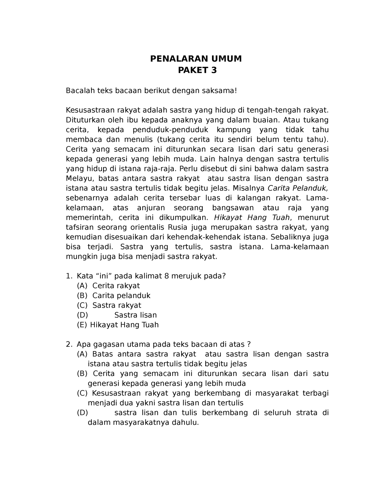 SOAL TPS Paket 3 - Terutama - PENALARAN UMUM PAKET 3 Bacalah Teks ...