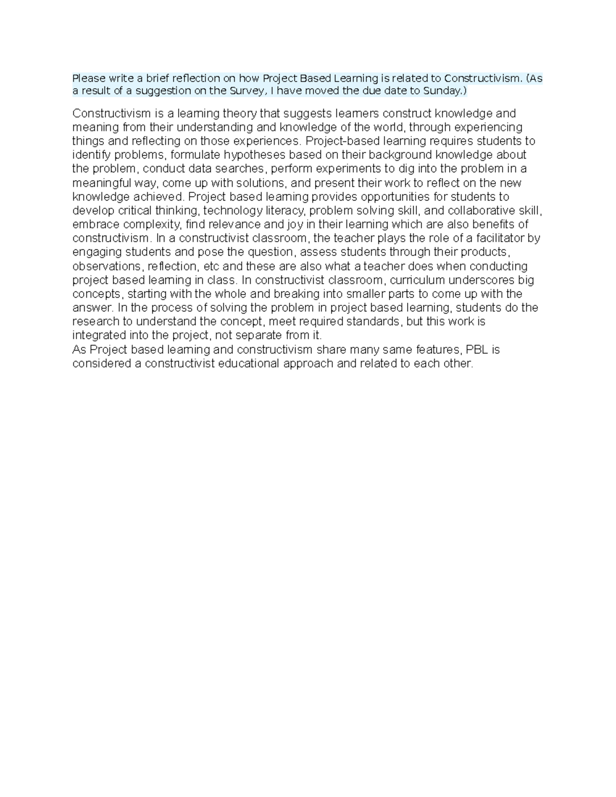 Reflection 8 - Please write a brief reflection on how Project Based ...