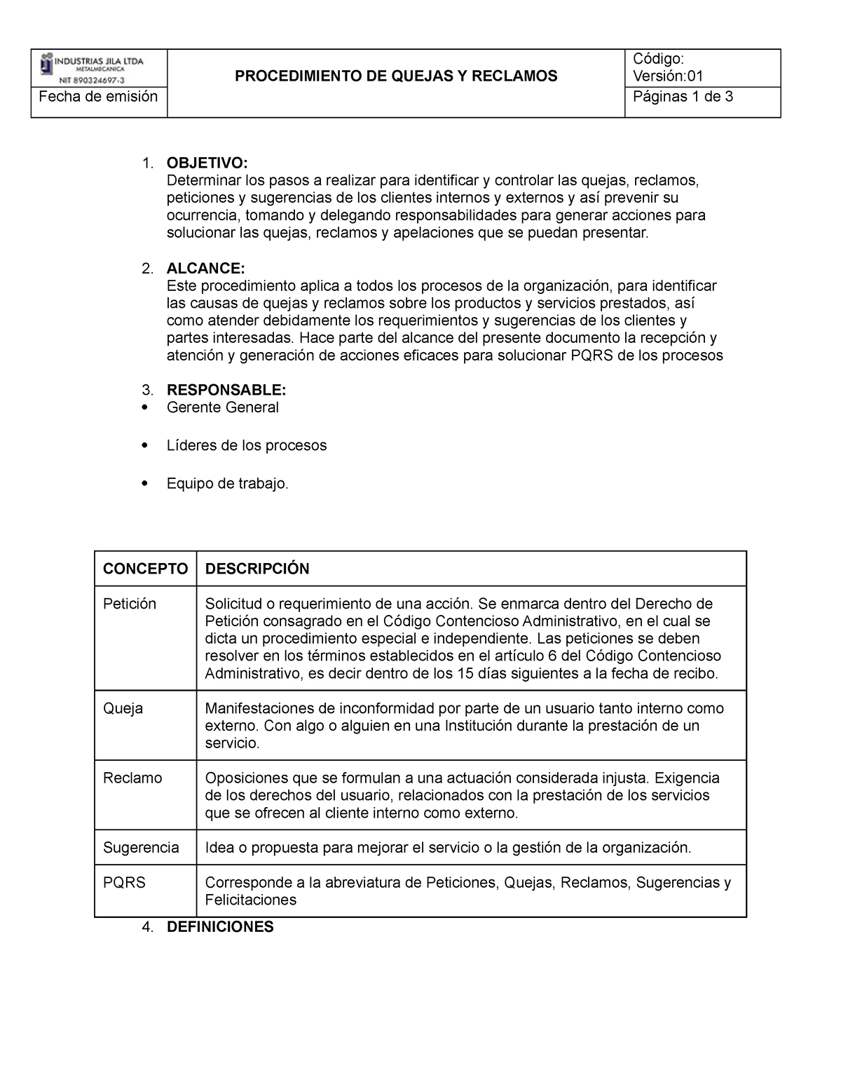 Procedimiento Quejas Y Reclamos - PROCEDIMIENTO DE QUEJAS Y RECLAMOS ...