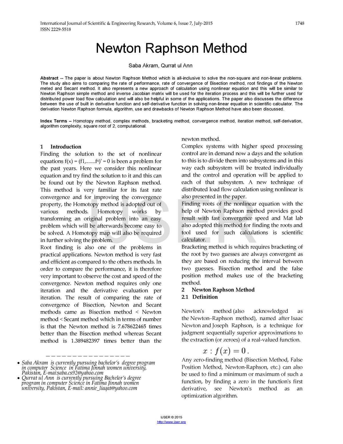 Newton Raphson Method - Lecture Notes 1,3-8 - ISSN 2229- IJSER © 2015 ...