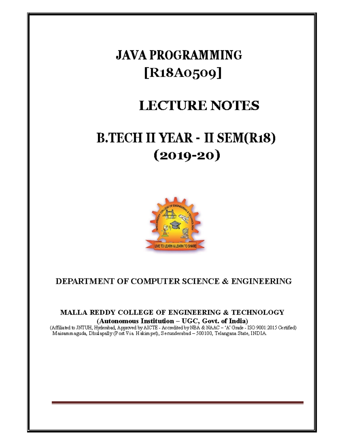 JAVA Programming Notes - JAVA PROGRAMMING [R18A0509] LECTURE NOTES B II ...