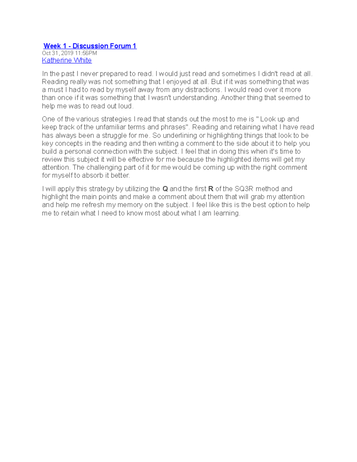 Week 1 dis forum 1 - discussion - Week 1 - Discussion Forum 1 Oct 31 ...