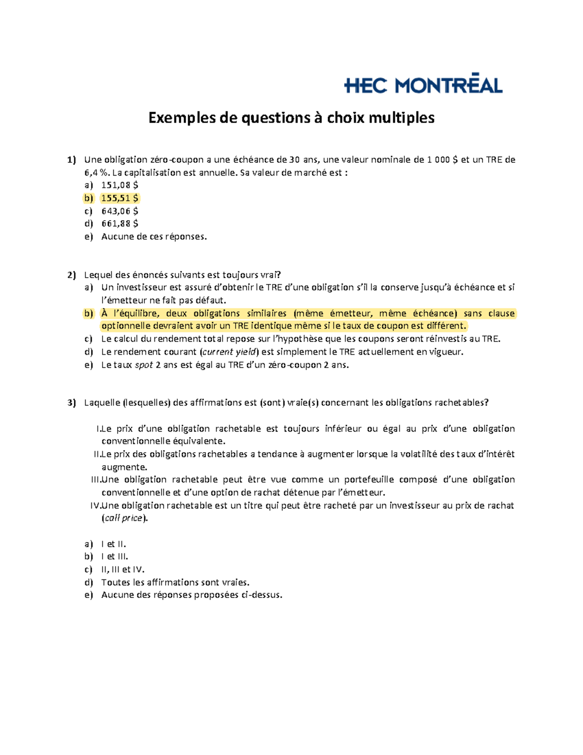 Exemple QCM FRA Séances 1-6 - Exemples de questions à choix multiples 1 ...