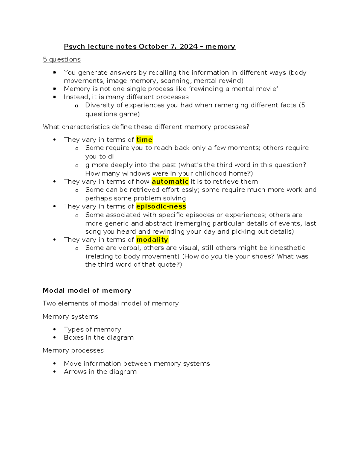 October 7 21 28 2024 memory WM and LTM - Psych lecture notes October 7 ...
