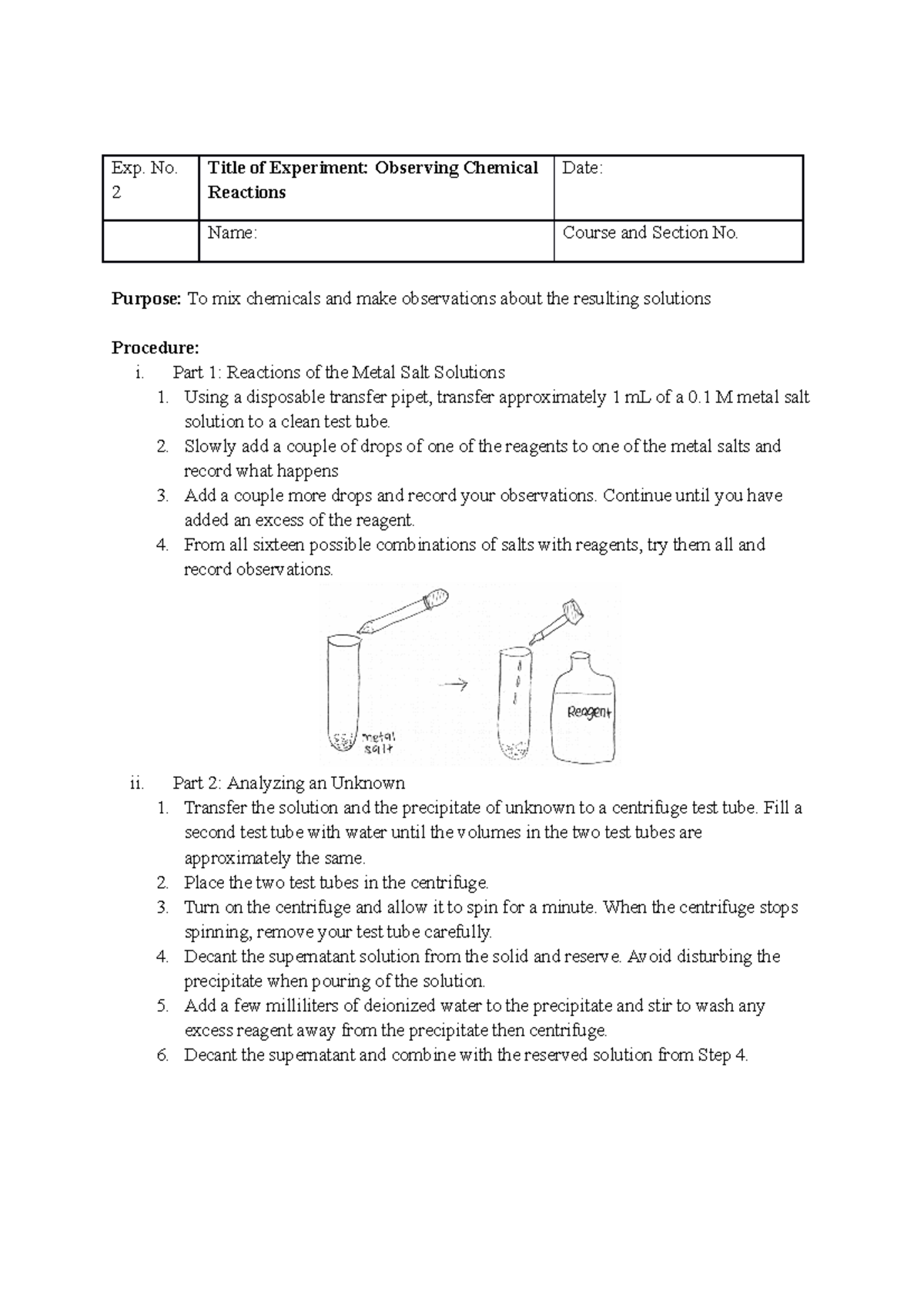 Observing Chemical Reactions 2 - Exp. No. 2 Title of Experiment ...