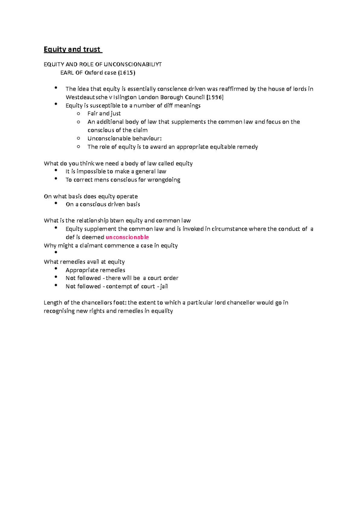 Equity and trust Equity and trust EQUITY AND ROLE OF UNCONSCIONABILIYT EARL OF Oxford case