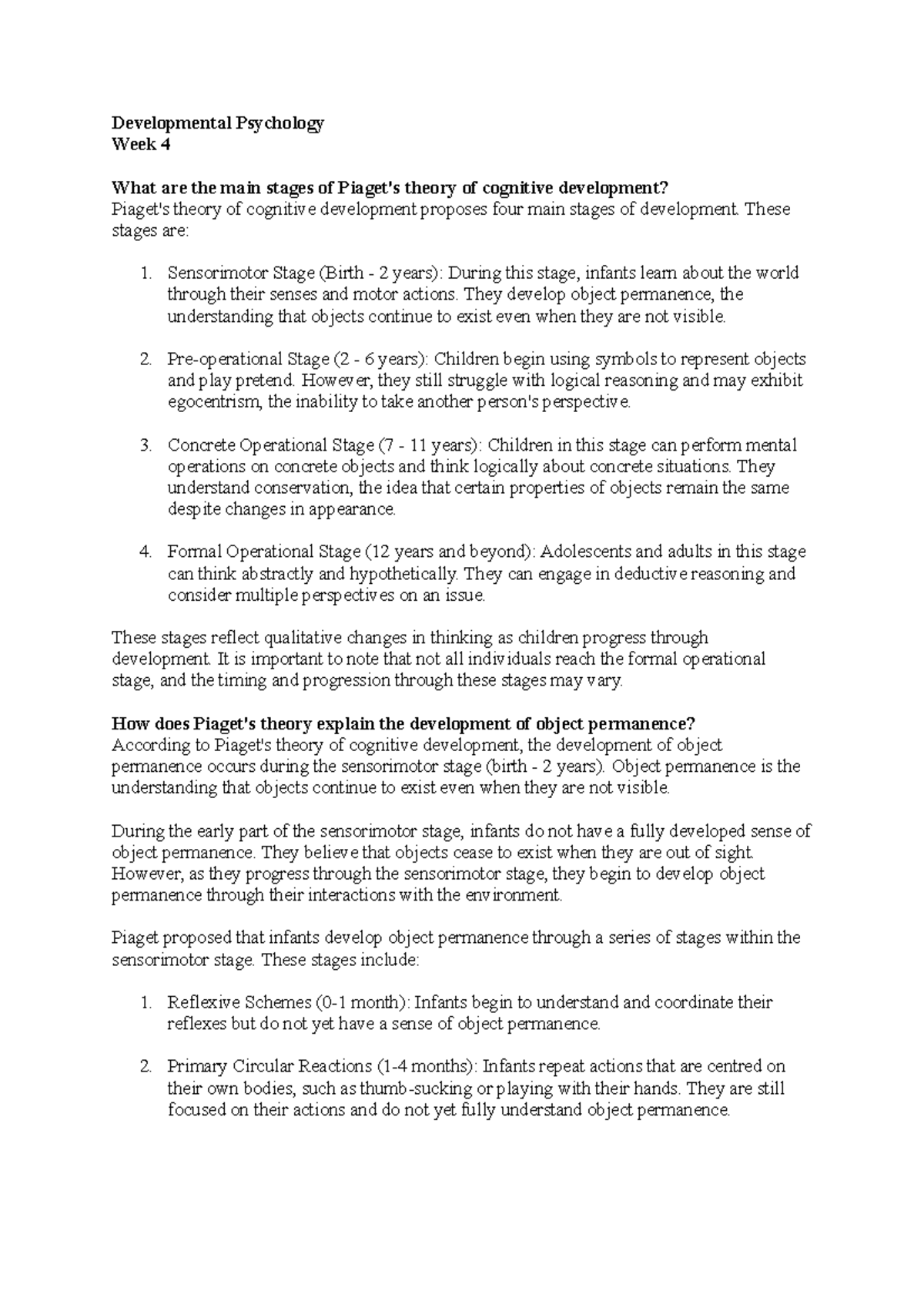 Week 4-Developmental Psychology - Developmental Psychology Week 4 What ...