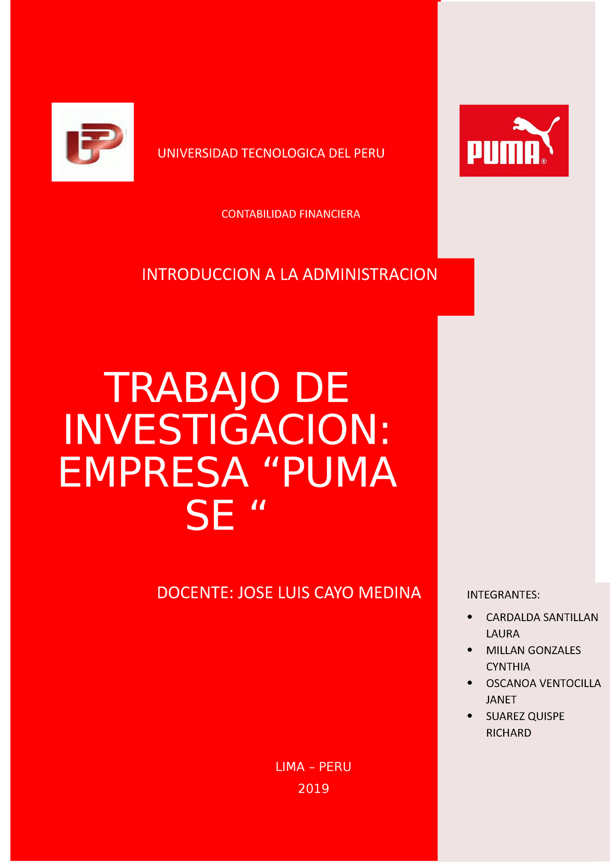 Trabajo Puma - Administracion - TRABAJO INVESTIGACION: EMPRESA SE “ DOCENTE: JOSE LUIS - Studocu