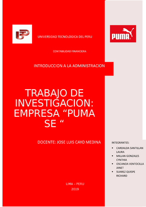 Trabajo inv. Puma - Administracion - TRABAJO INVESTIGACION: EMPRESA “PUMA SE “ DOCENTE: JOSE LUIS Studocu