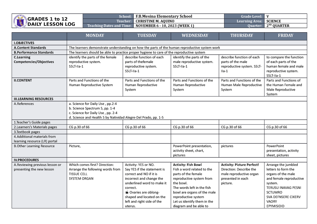 DLL Science 5 Q2 W1 - Sample Lesson Log - GRADES 1 to 12 DAILY LESSON ...