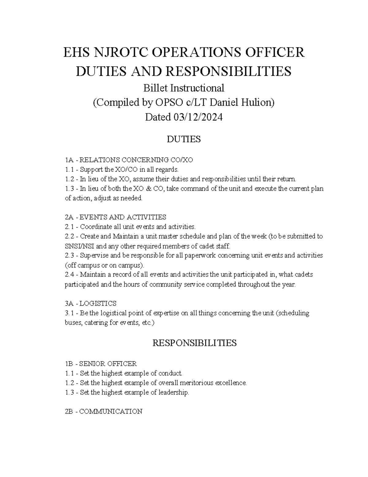 EHS Njrotc Operations Duties AND Responsibilities - EHS NJROTC ...