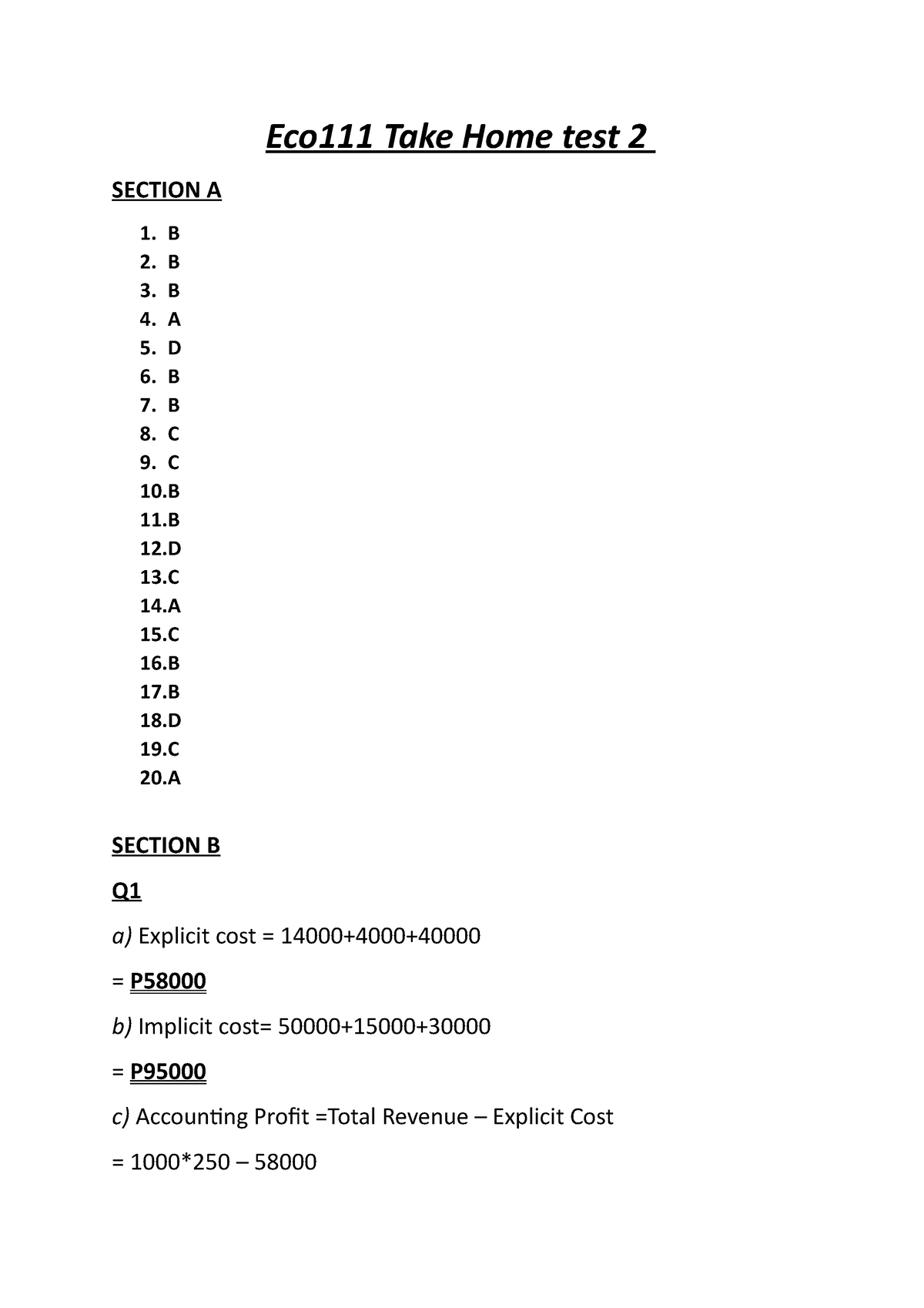 Eco Test 2 (111) Captain - Eco111 Take Home Test 2 SECTION A B B B A D ...