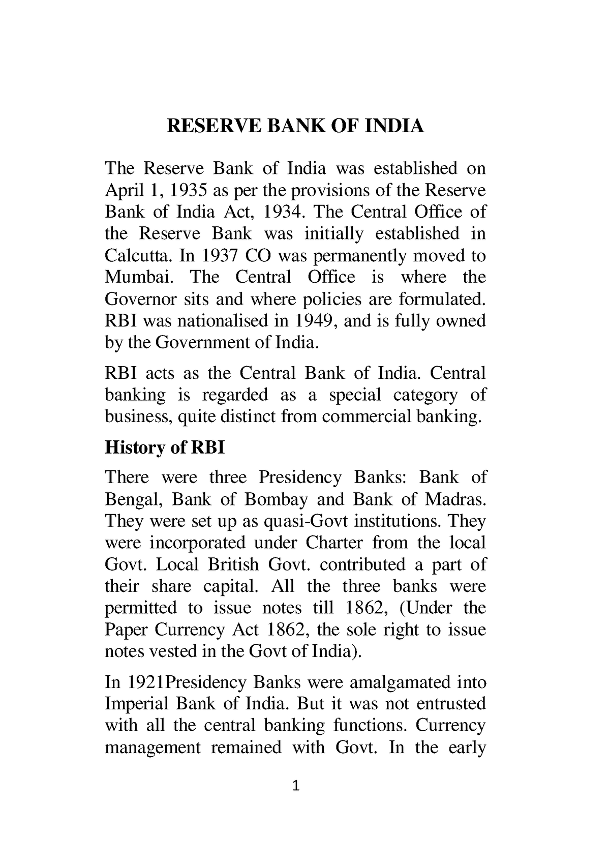 1 - RBI - RESERVE BANK OF INDIA The Reserve Bank Of India Was ...