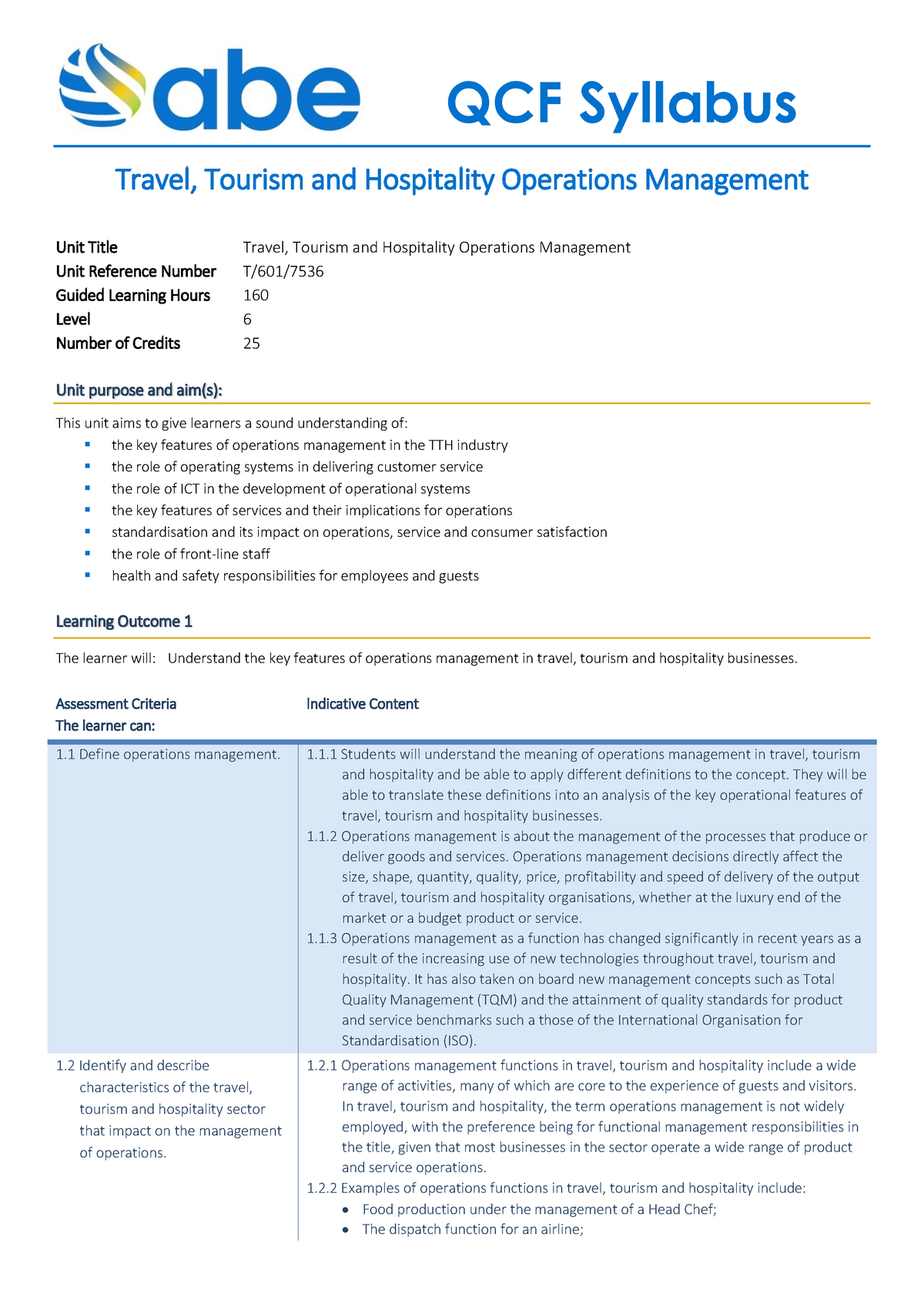 OPERATIONS MANAGEMENT IN TOURISM AND HOSPITALITY INDUSTRY QCF 