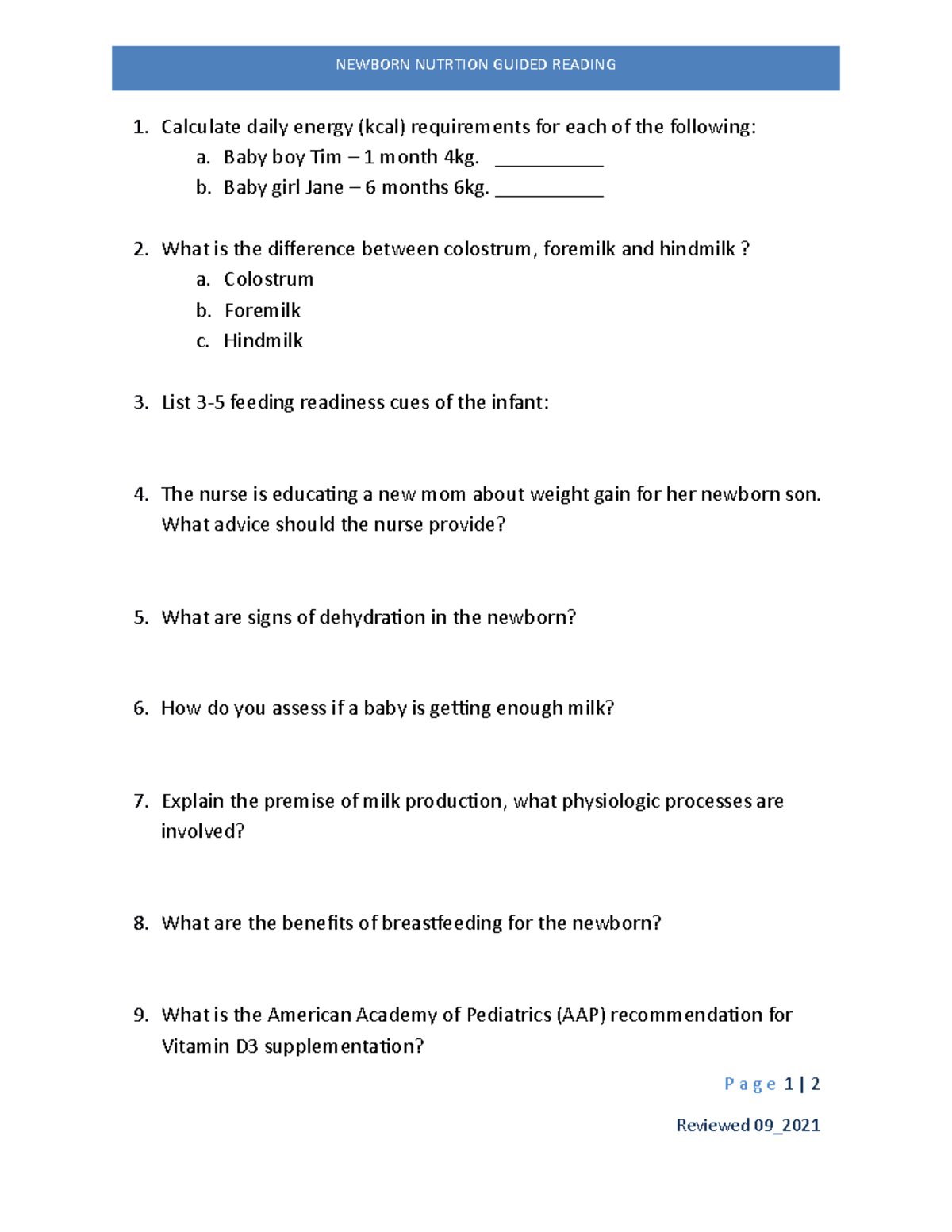 Newborn Nutrition Guided Reading Calculate daily energy (kcal