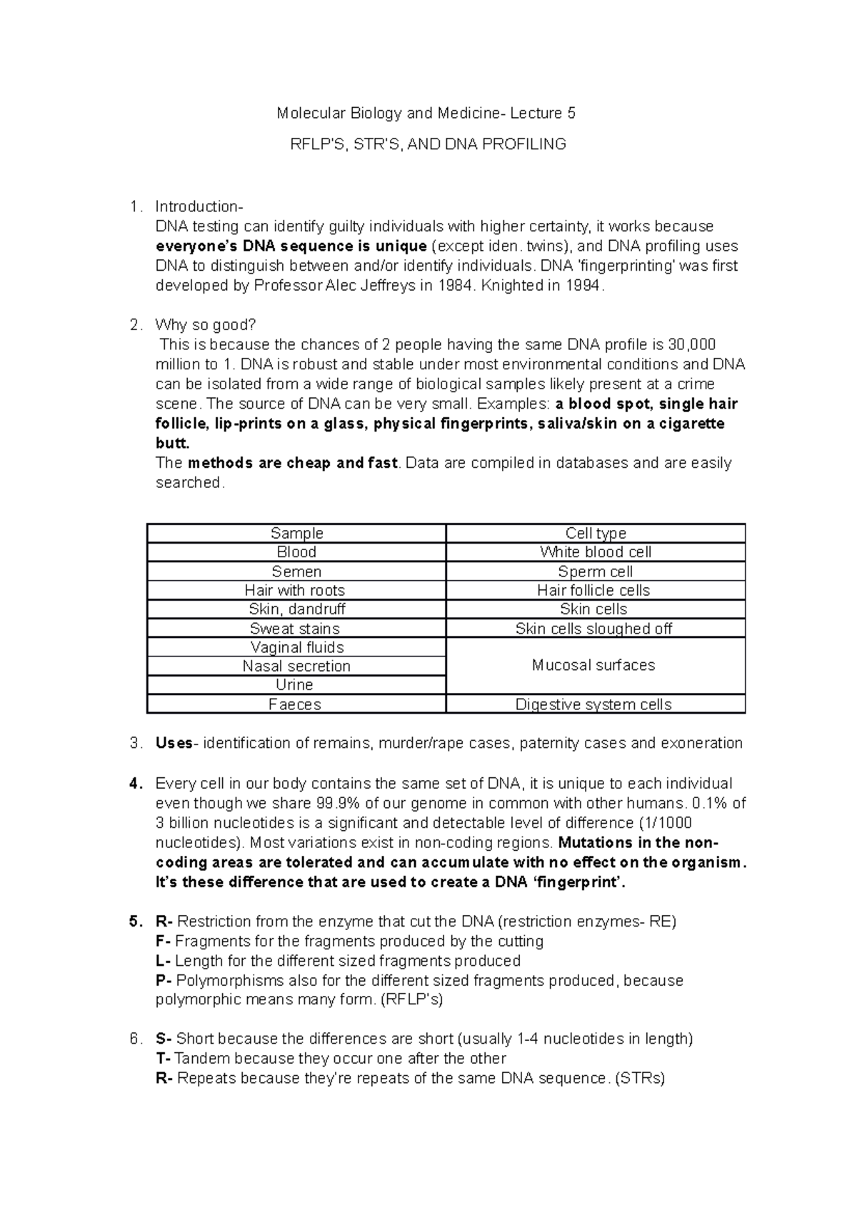 Lecture 5 - Molecular Biology and Medicine- Lecture 5 RFLP’S, STR’S ...