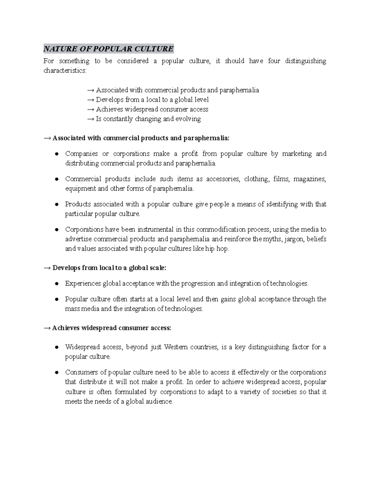 HIP HOP Notes - NATURE OF POPULAR CULTURE For something to be ...