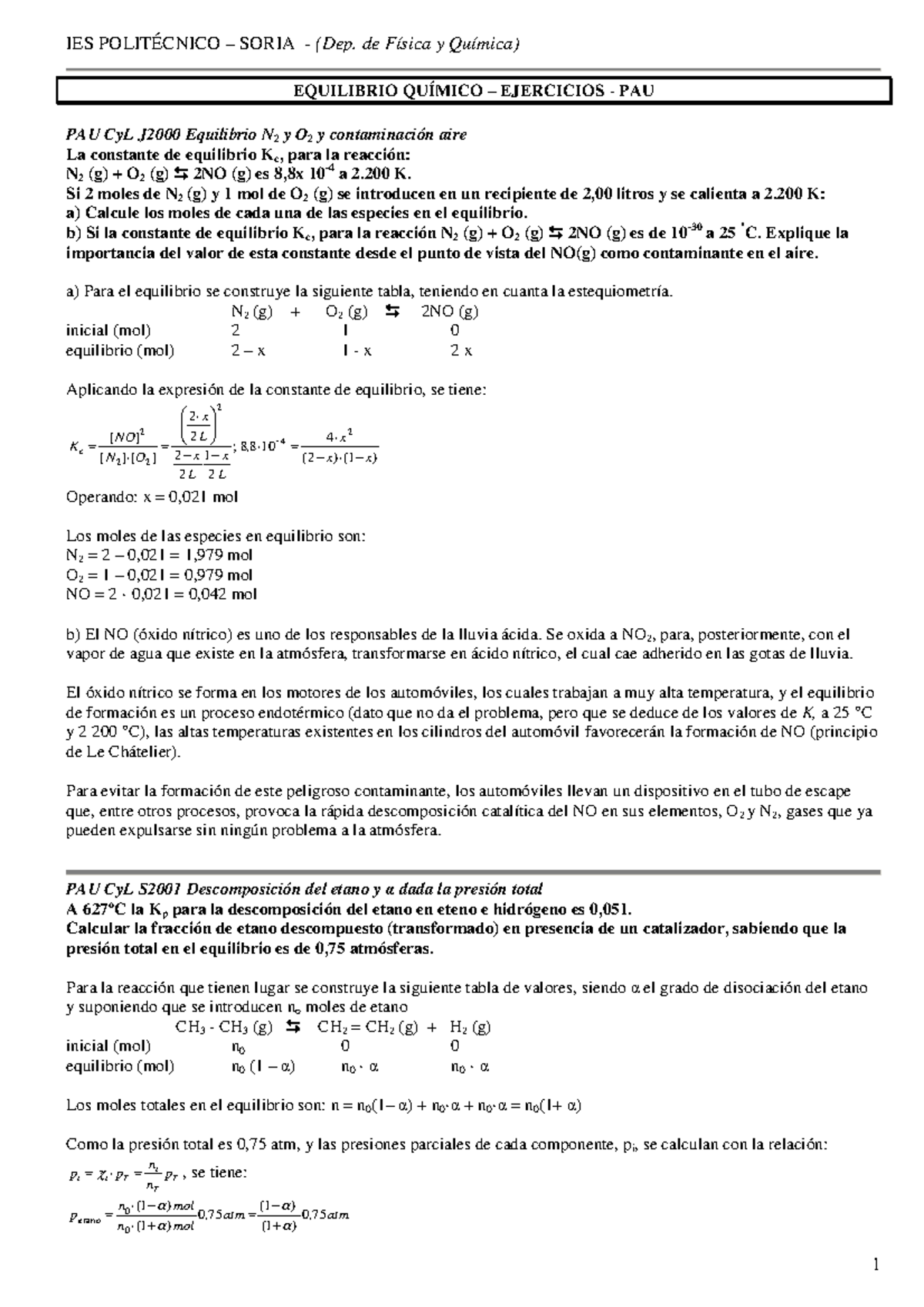 2BCN QUI 22b Equilibrio Quimico Problemas PAU - EQUILIBRIO QUÍMICO ...