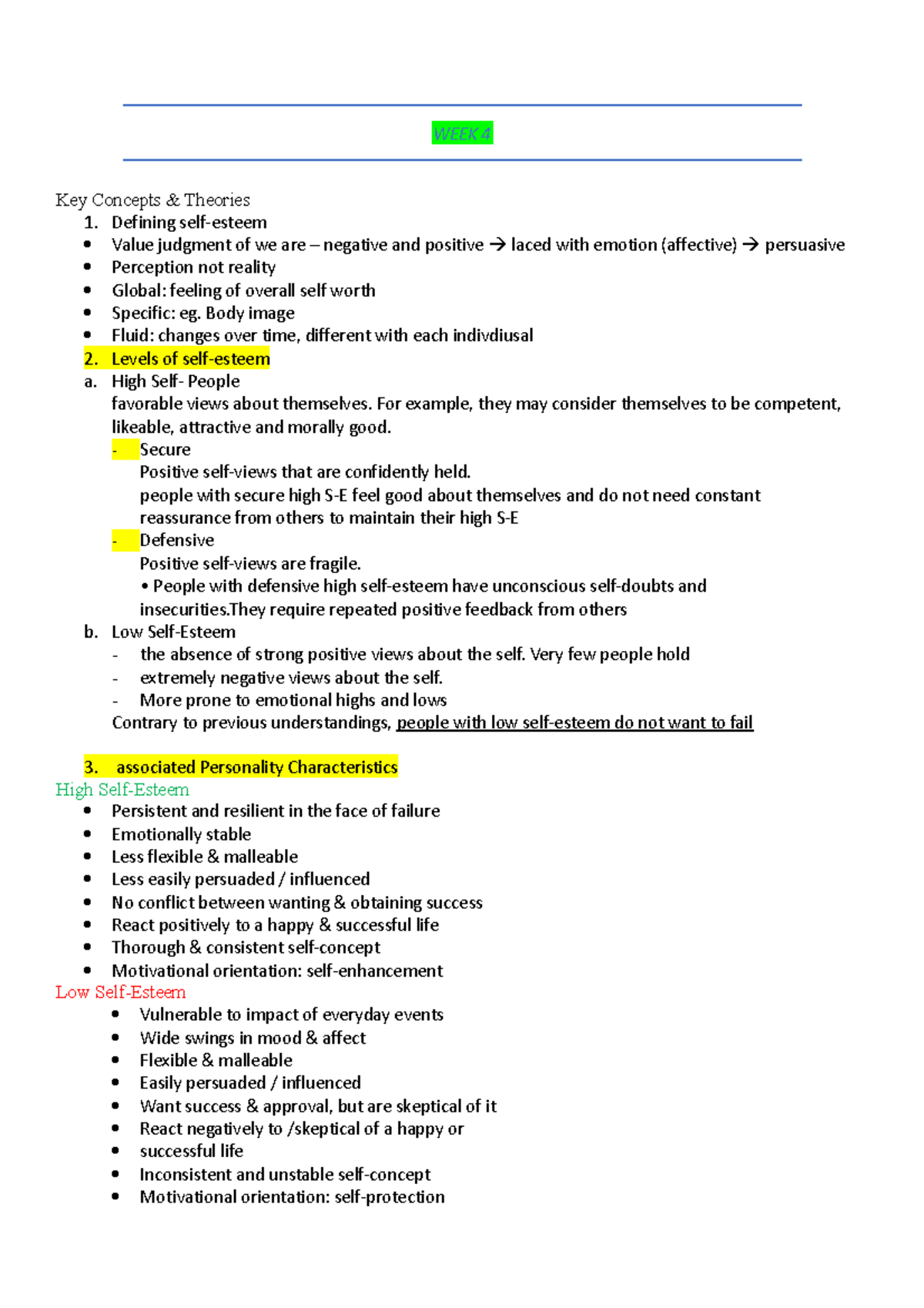 ATS1262 Notes W4-W11 - WEEK 4 Key Concepts & Theories 1. Defining self ...